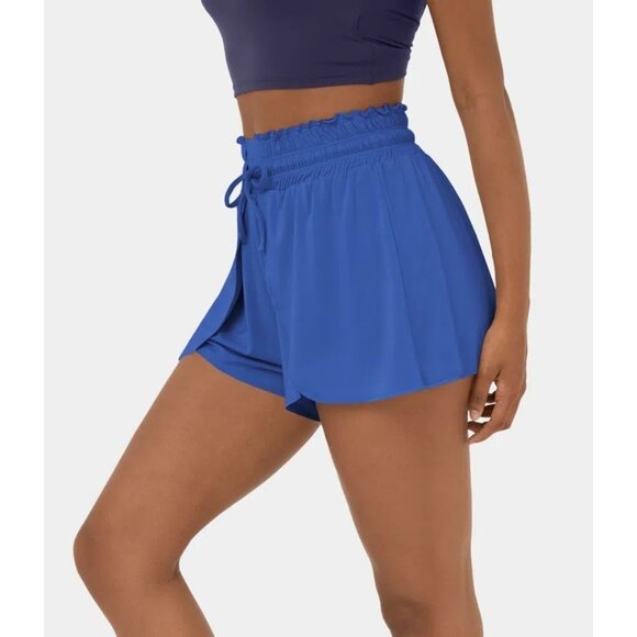Halara Frill High Waisted Elastic Waistband Drawstring Stacked Shorts 3" Blue M - Picture 1 of 6